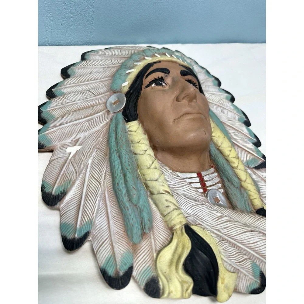 Vintage Native American Indian Plaque Ceramic Art Hand Painted Chief Chipped